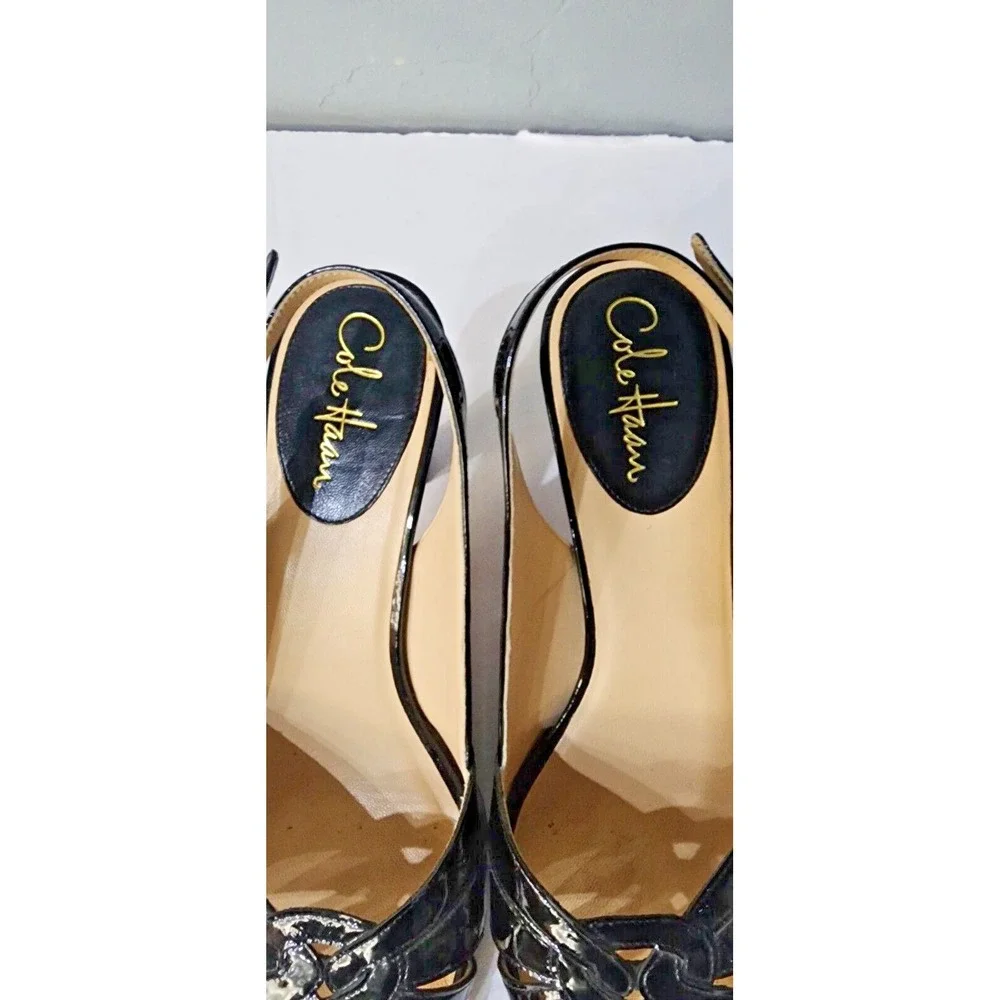 COLE HAAN Women's Black Patent Leather Heels Open Toe Slingback Sandals Size 10B